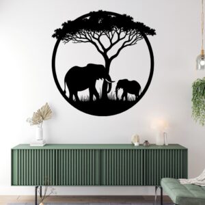 Fil ve Yavru Fil SVG | Afrika Vahşi Yaşam Lazer Kesim Dosyası | Akasya Ağacı Silueti